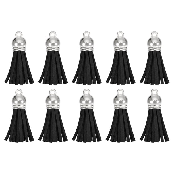 Uxcell 30Pack 1.5" Borlas de Cuero Llavero Encanto con Tapa de Plata para DIY, Negro