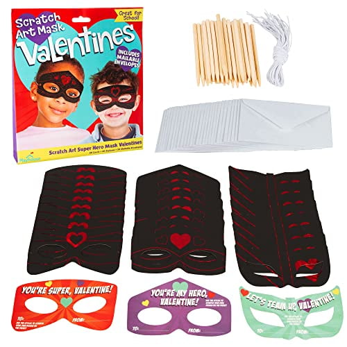 Super Hero Masks Scratch Art Valentines Day Cards for Kids, 28 Card