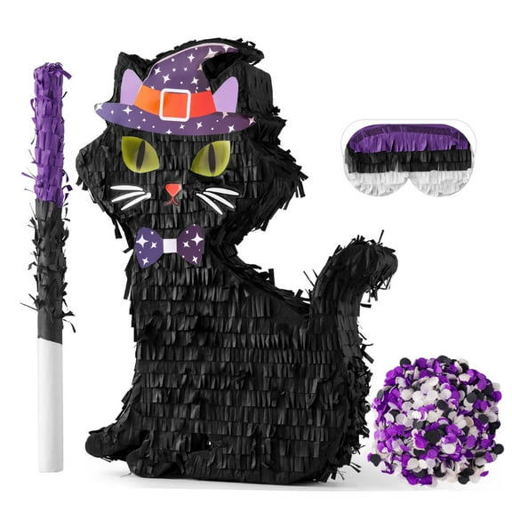 VINTS Cat Piñata,Halloween Black Cat Piñata with Blindfold Bat,Perfect for Kids Birthday Party Halloween Theme Game Parties Decorations(16.5×12.8×3.15in)