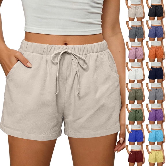 Amzcrzy Shorts for Women High Waist Cotton Linen Casual Shorts with Pockets 2026 Summer Solid Color Drawstring Daily Running Shorts for Women Light Blue S