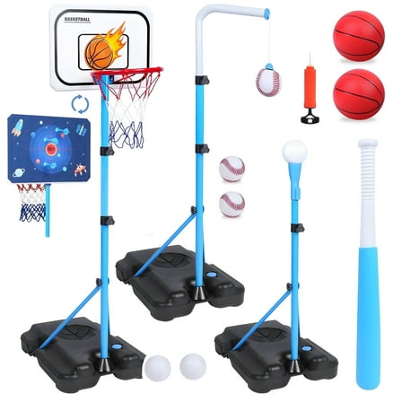 4 in 1 Kids Basketball Hoop and T Ball Set - Adjustable Hanging Tee Ball Stand with Dart Board, Indoor Outdoor Sports Toy Set for Boys Girls Age 3 4 5 6 7 8 Gift