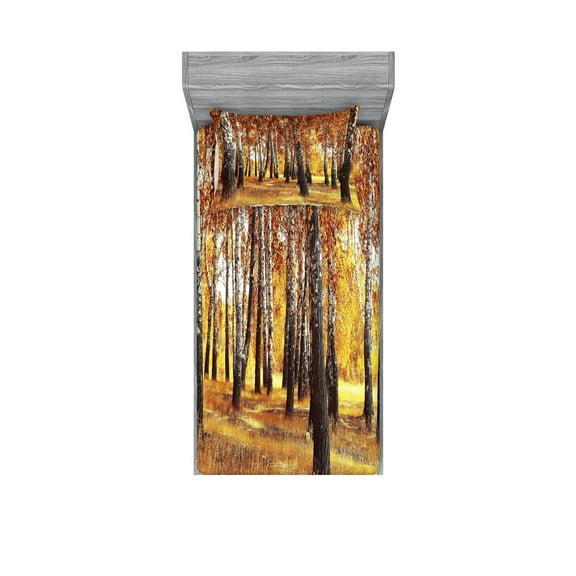 Ambesonne Forest Fitted Sheet & Pillow Sham Set, Autumn Leaves Design, Twin, Orange Brown