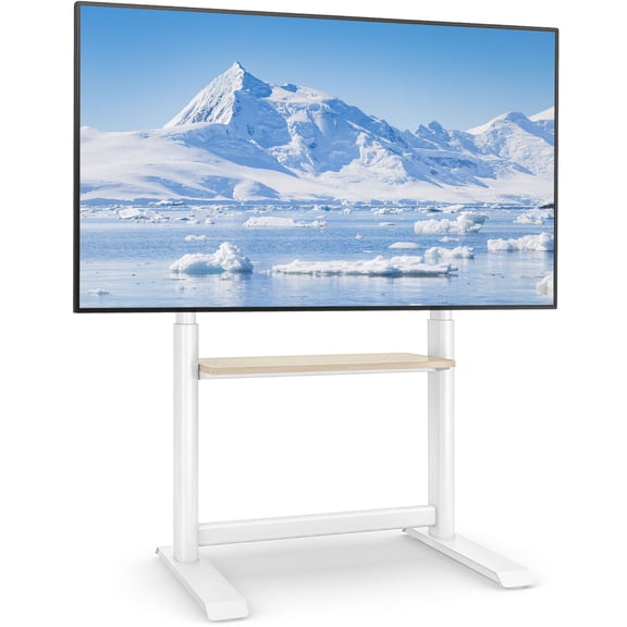 Universal TV Stand for 55-100 Inch Flat & Curved TVs, Height Adjustable with Large Storage Shelf, Holds up to 150 lbs, White