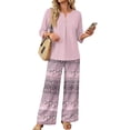 thumbnail image 2 of 2 Piece Lounge Set Women Vacation Dressy Outfits 3/4 Sleeve V Neck T Shirt & Wide Leg Pants Sets Cozy Cruise Clothes, 2 of 6