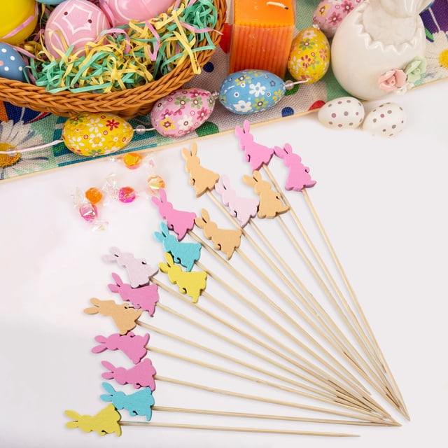 Xihbxyly Palillos de Fruta con Forma de Conejito de Colores, Decoración para Fiesta de Pascua, Brochetas de Bambú Desechables, Juego de 100 Piezas, Ideal para Bares y Restaurantes, Diseño Multicolor