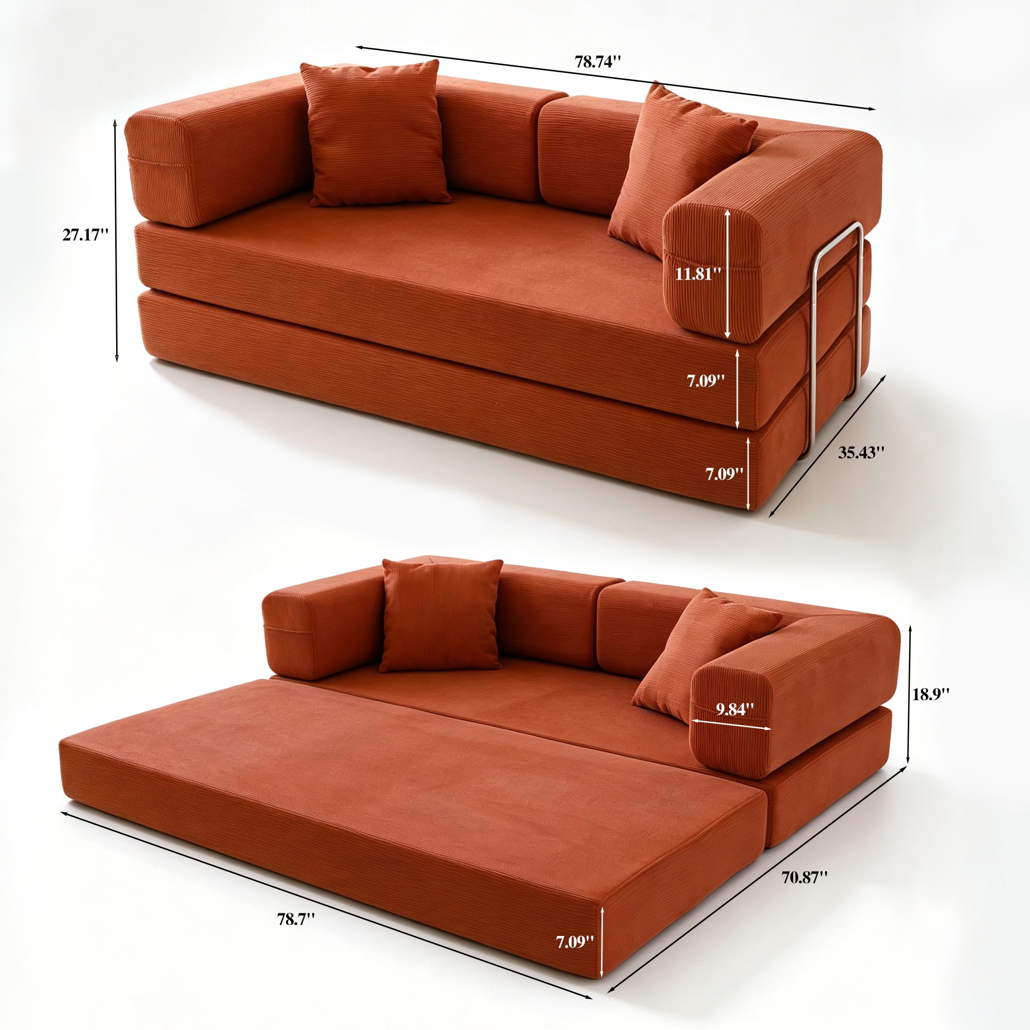 Garitin Sofa Bed and Convertible Floor Sofa 78.74 Inch, Corduroy Fabric Couch with Double Pillows for Living Room Bedroom, Orange