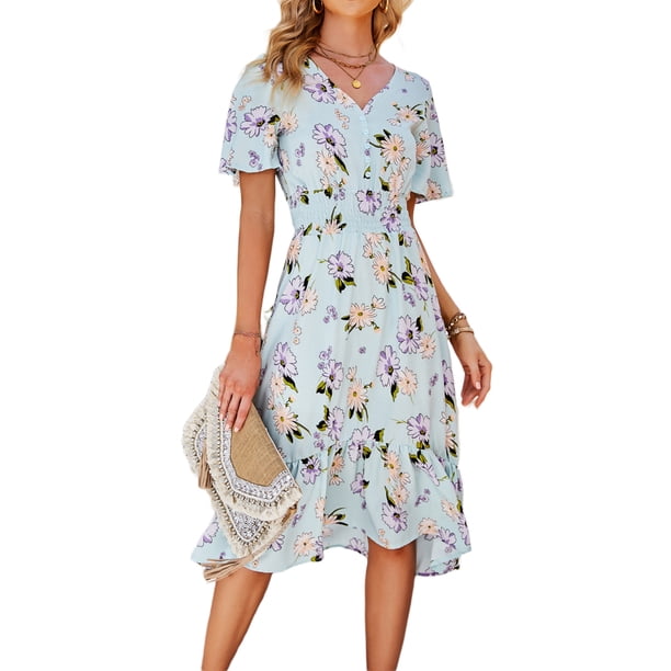 SAYOO Mujer Verano Cuello en V Manga Corta Cintura Alta Ruffle Hem Midi Vestidos SAYOO Sexy