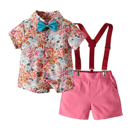 

Virmaxy Toddler Baby Boys Gentleman s Dress Set Kids Boys Cotton Short Sleeve Floral Shirt Lapel Bowtie Button Front Top Strap Shorts Suit Fashion Photography Performance Children Set Pink 4T