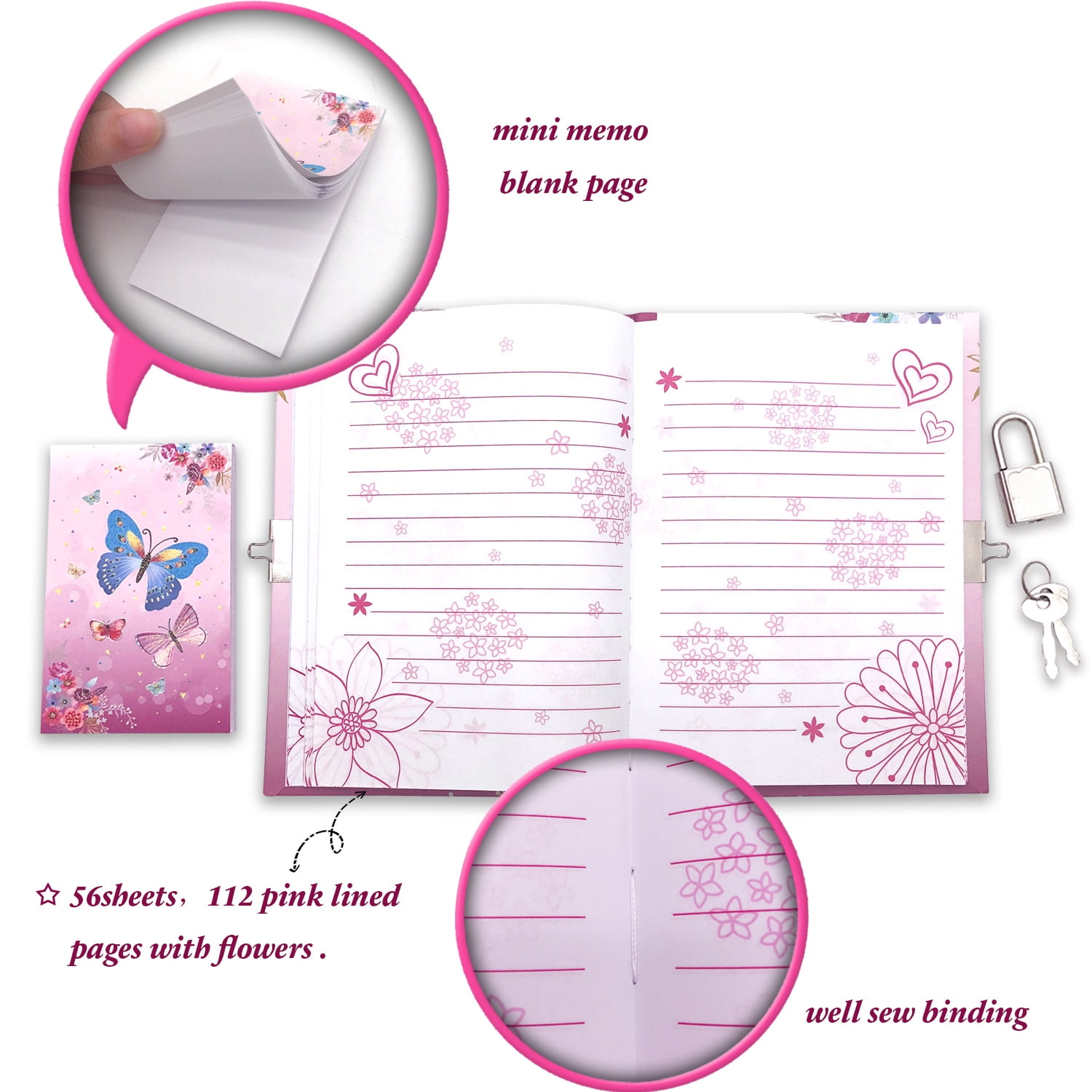 Ginmlyda Secret Diary with Lock and keys, Notebook Stationary Set Incl. Pink Butterfly Journal with Lock Memo pad 6 Colored Pen Ruler Sharpener Eraser for Learning Writing Drawing Gifts