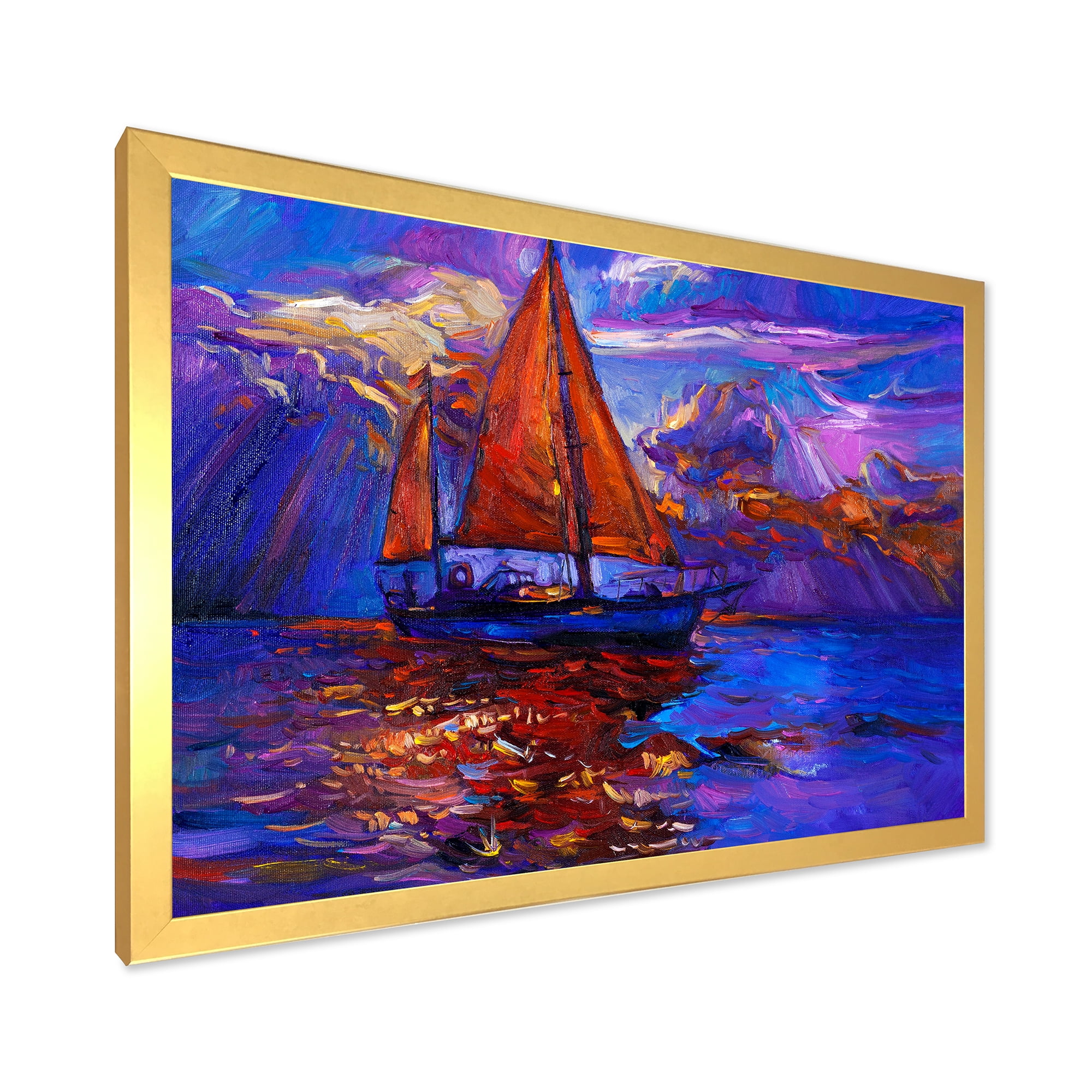 Designart 'Red Sail Ship On Purple Sunset in Blue Ocean' Nautical & Coastal Framed Art Print