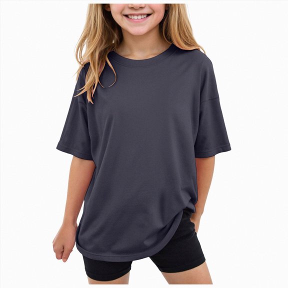 YDFCWXW Toddler Girls Oversized Short Sleeve T-Shirt, Baby Crewneck Basic Tee, Baggy Back to School Athletic Loose Top (Grey, 100)