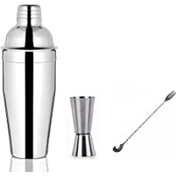 SynSpiritStore Stainless Steel 3 Pcs Delux Bar Set- Fork Bar Spoon, Cocktail Shaker 750 ml, Tall Peg Measure- 30/60 ml
