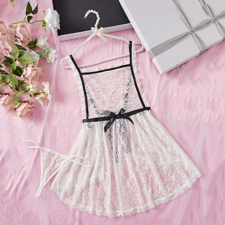 uublik Women s Lingerie Sets Valentine s Day Lace Dress Mesh Chemise Nightgown Sleepwear with Panty White XL