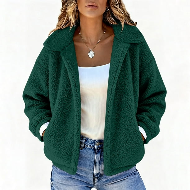 HongQid Women's Coat Casual Lapel Fleece Fuzzy Faux Shearling Zipper Coats Warm Winter Cropped Outwear Jackets