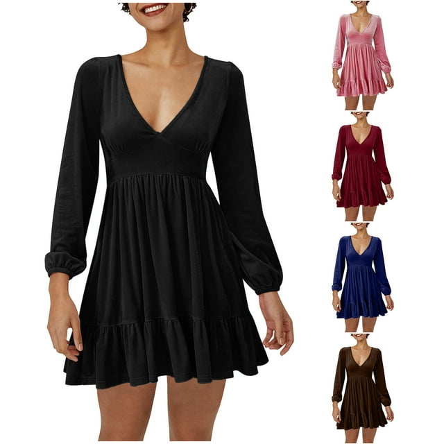 Gspmoly Robe pour Femmes, Robe Décontractée pour Femmes à la Mode, Robe à Col en V à Manches Longues, Robe Longue à Taille, Robes de Soirée pour Femmes, Cadeaux de Vacances