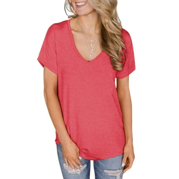 ONLYSHE Womens Summer V Neck T Shirts Short Sleeve Loose Fit Basic Tunic Tops Blouse