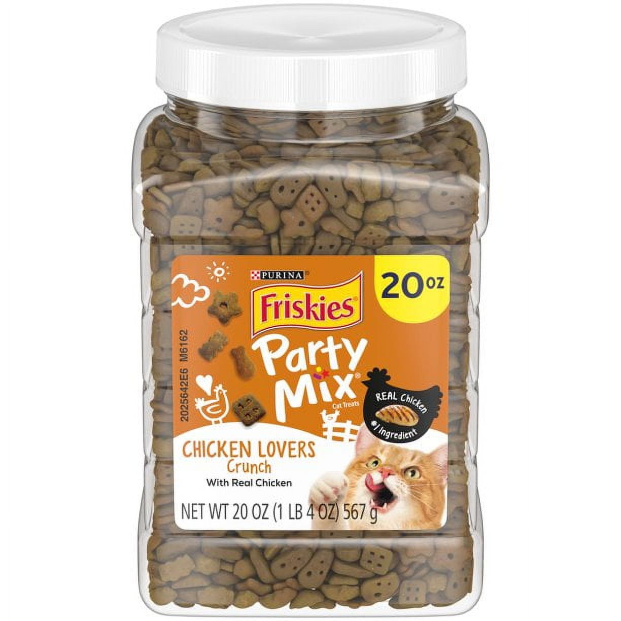 Purina Friskies Party Mix Cat Treats, Chicken Lovers Crunch, Made with Real Chicken, Complete & Balanced Cat Treats, 20-Ounce Canister (Pack of 2 Canisters)
