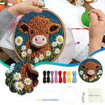 ShaoXinWan Beginners Punch Needle Kit,Cute Cartoon Highlands Cow with Daisies,Flower Embroidery Punch Needle Crafts Set,DIY Craft Kit for Beginners,Perfect for Embroidery ProjectsMulticolor