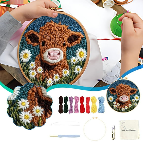 GOGDYS Liquidation Débutants Trousse à Aiguilles Perforées, Mignonne Vache de Dessin Animé avec Marguerites, Ensemble d'Artisanat de Broderie pour Enfants, Adultes et Projets d'Art DIY Liquidation Ventes Aujourd'hui Aubaines Prime