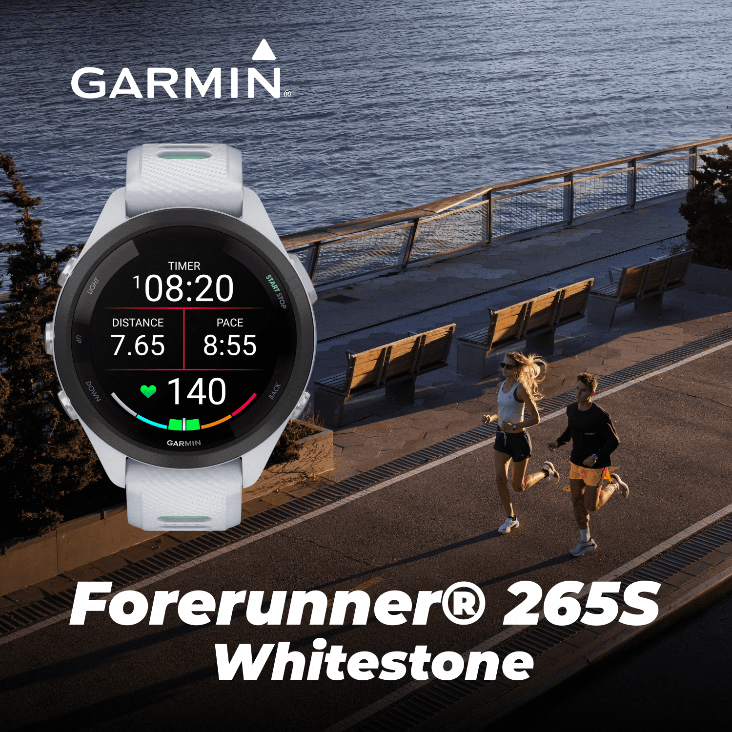 Garmin Forerunner 265S Music GPS Running Smartwatch, Whitestone with AMOLED 1.1in Touchscreen Display with Wearable4U White EarBuds Bundle