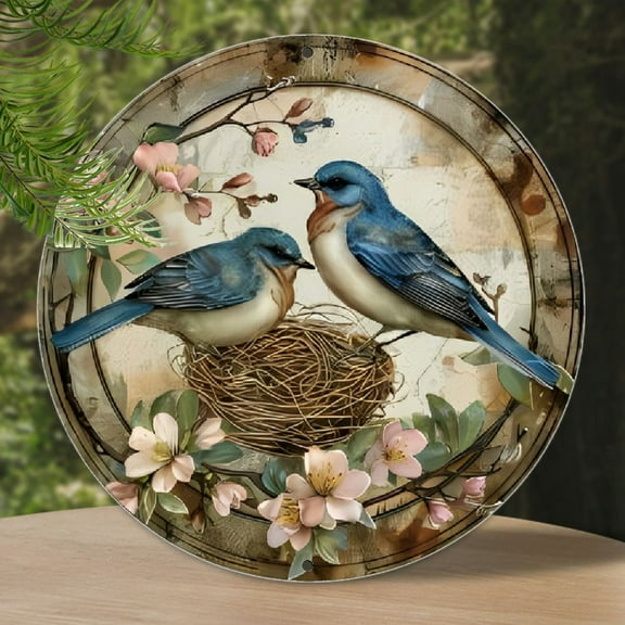 1pc Vintage Blue Bird and Nest Round Aluminum Sign, Indoor/Outdoor Decorative Wall Art for Home, Cafe, Apartment, Restaurant, Street, Living Room, Holiday Gift - 8x8 inches
