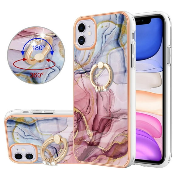 Mantto For iPhone 16 Case,Ring Holder Stand Marble Pattern 3 in 1 Rugged Shockproof Hybrid Hard PC Soft Rubber Bumper Drop Protective Girls Women Boy Men Phone Cases for iPhone 16,Rose