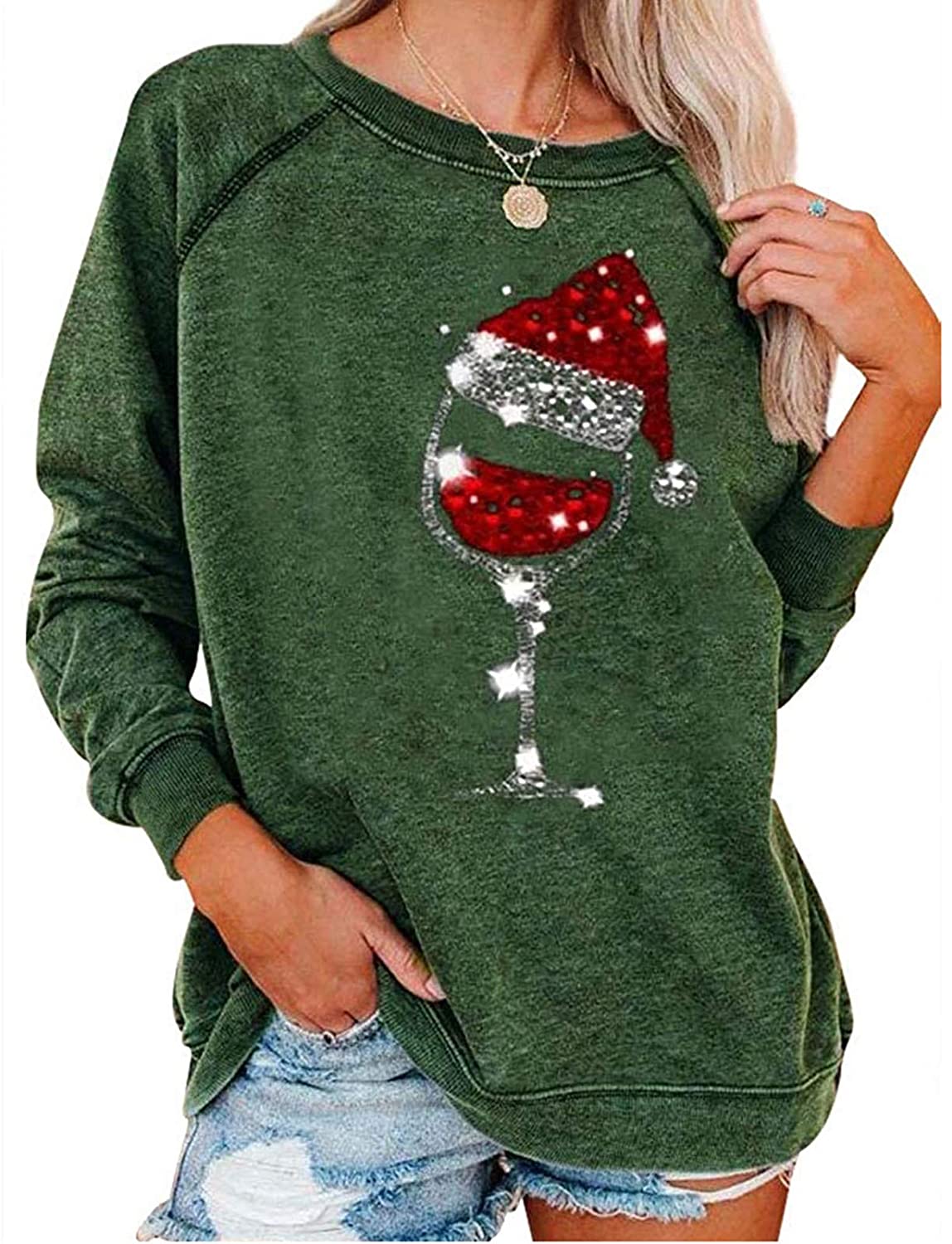 Women Christmas Graphic O Neck Shirt Long Sleeve Crewneck Blouse with Pocket Loose Sweatshirt Pullover Tunic Tops 