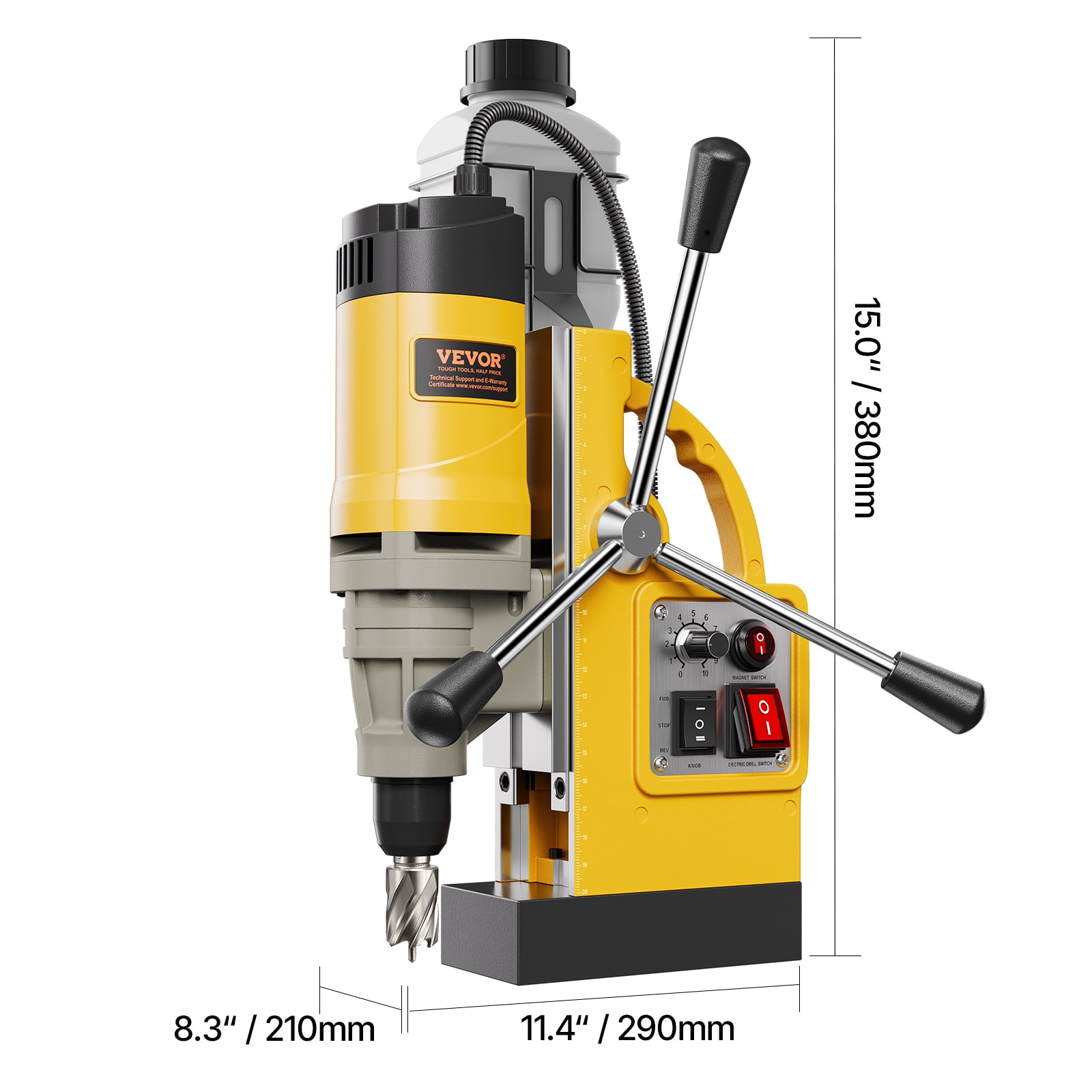 VEVOR Magnetic Drill, 1450W Motor 2 in Boring Diameter, 2878 lbf Electric Mag Drill Press, with 6 Coring Bits, Variable Speed, Drilling Machine for Metal Surface, Home Improvement Industry, Yellow