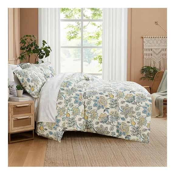 3 Piece Full/Queen Size Comforter Set, Down Floral Bedspread, The Wanderlust Collection Queen/Full Size Bedding Sets for Queen/Full Mattress, Cream