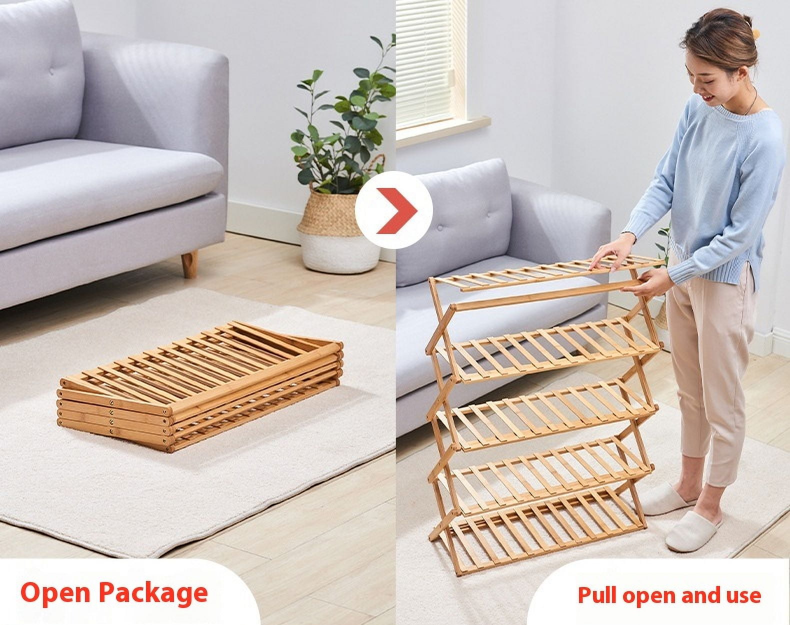 Folding Shoe Rack for Entryway, Bamboo 6 Tier Stackable Installation-Free Shoe Storage Cabinet for 21-25 Pairs for Boots Heels Sandals Slippers, Green