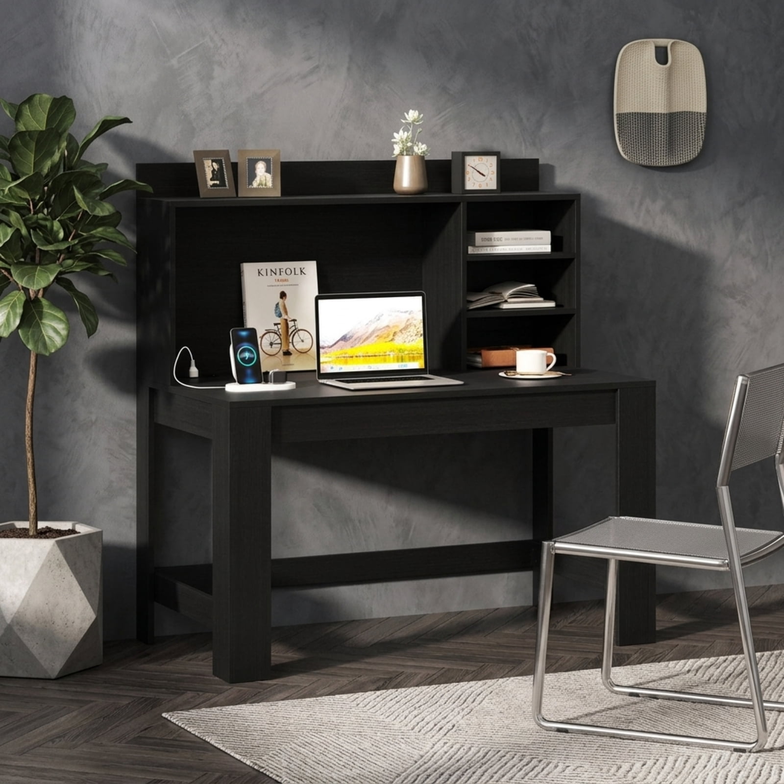 Furnibear Modern Computer Desk with Hutch and Home Office Desk with Storage Shelves Charging Station and USB Ports for Study and Bedroom, Black