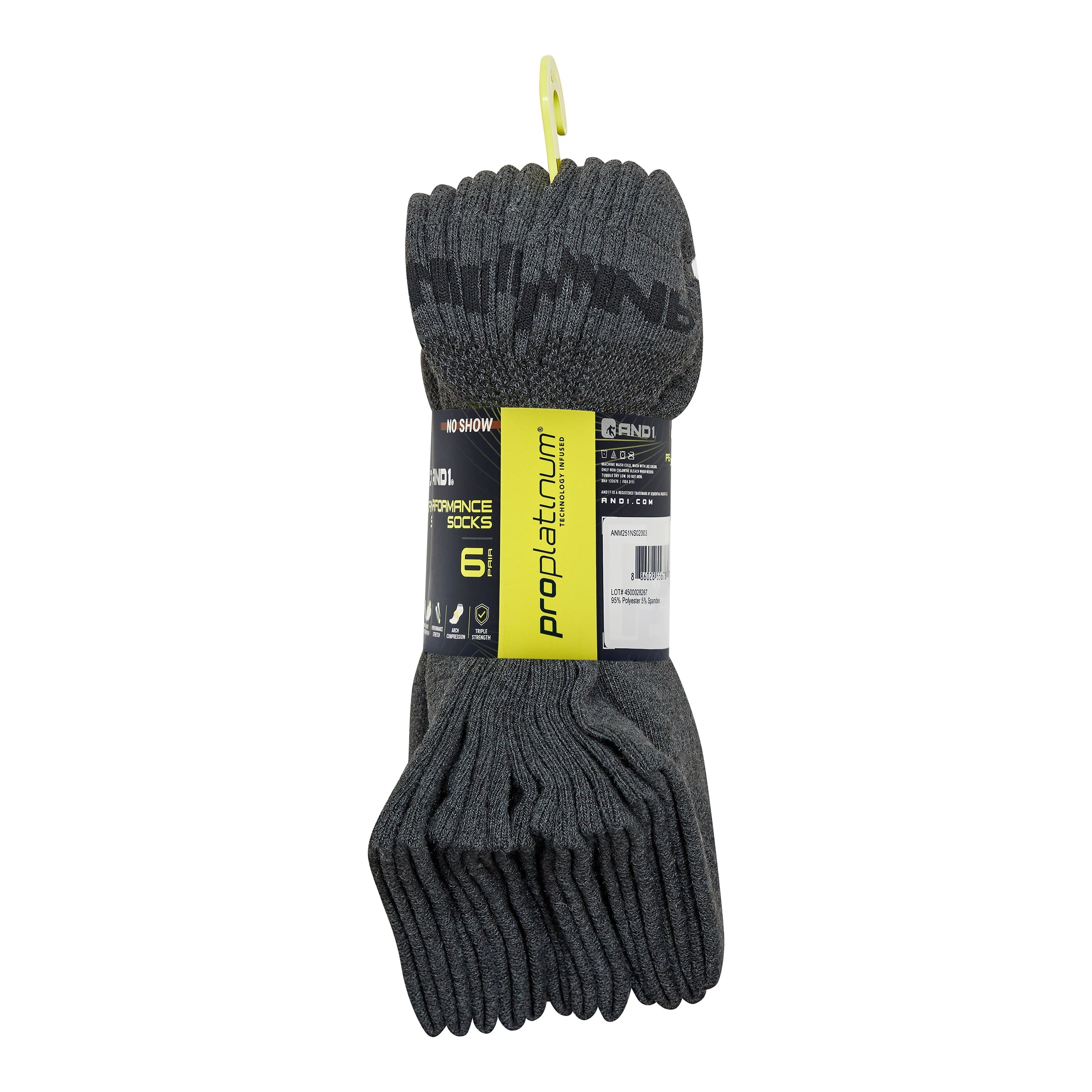 AND1 Men's Socks, Performance Cushion No Show Socks, 6-Pack
