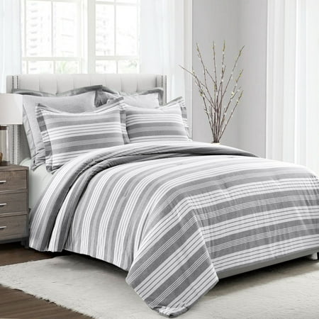 King 5pc Farmhouse Yarn Dyed Striped Comforter Set Gray/White - Lush Décor