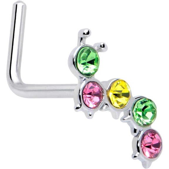 Body Candy 20 Gauge 7mm Pink Green CZ Gem Caterpillar L Shape Nose Ring Stainless Steel for Women