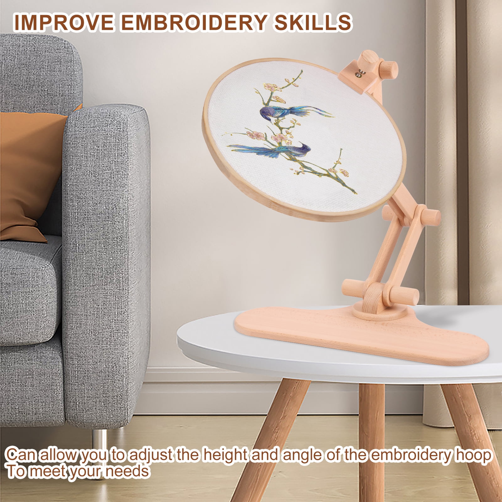 Wekvgz Embroidery Hoop Stand Beech Wood Cross Stitch Hoop Holder Adjustable Embroidery Hoop Lap Stand Rotatable Embroidery Hoop Table Stand for Cross Stitch DIY Embroidery