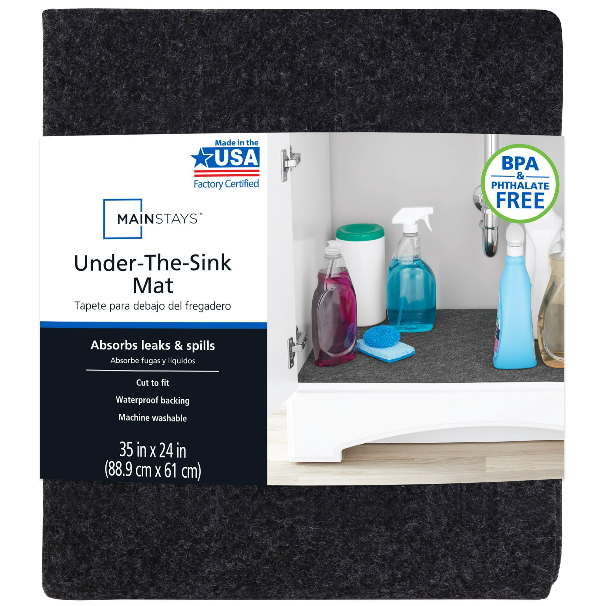 Mainstays Under the Sink Mat, Waterproof Shelf Liner and Cabinet Drawer Liner; Large - 35"X24"; Cut to fit