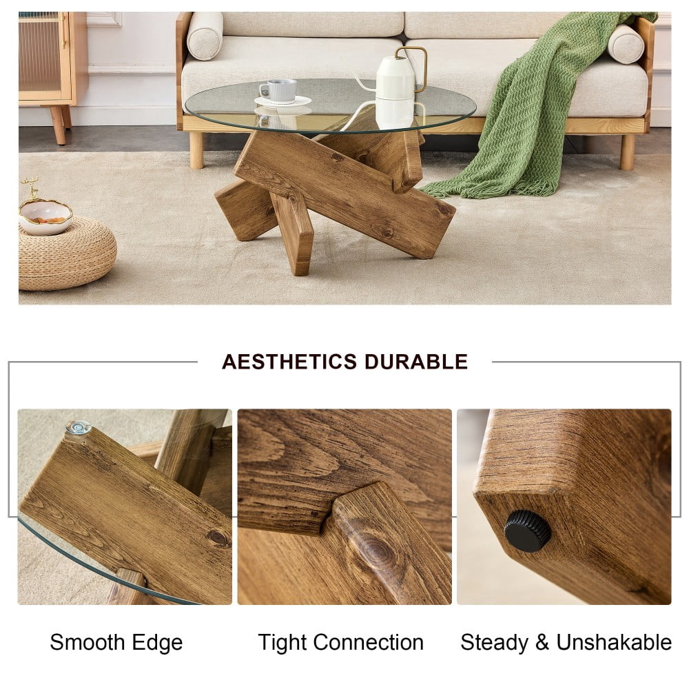 33" Round Glass Coffee Table, Modern Circular Tea Table with Tempered Glass Top and Wood-Look MDF Legs for Living Room, Natural