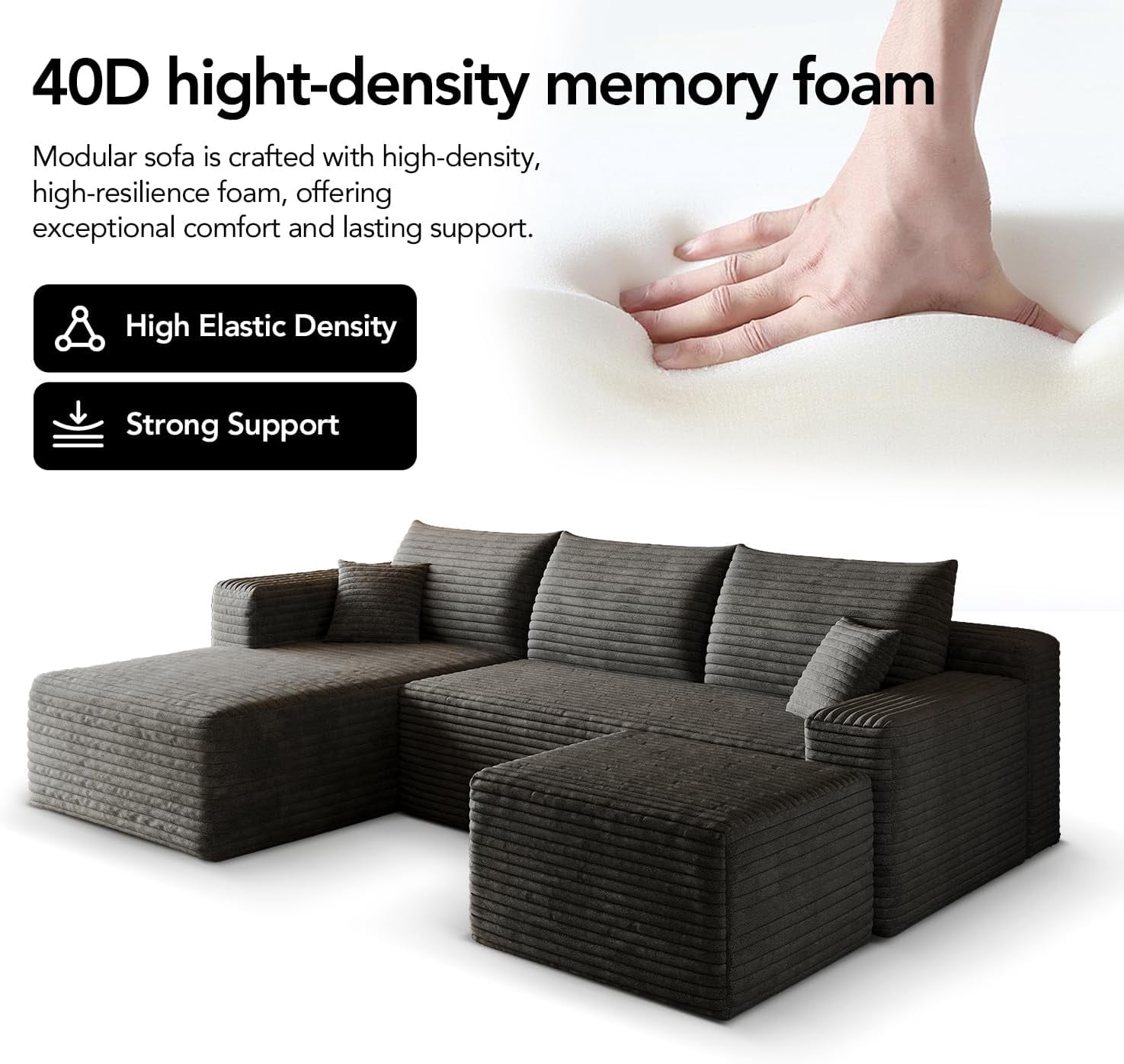 103" Cloud Sectional Sofa, Modern L Shaped Deep Seat Couch, Plush Corduroy Upholstered Sofa No Assembly, Living Room