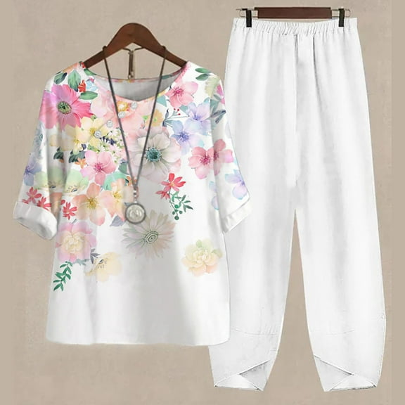 AOOCHASLIY Women Suits Women's Casual Round Neck 5/4 Sleeve Top and Pants Digital Printing Two-piece Set