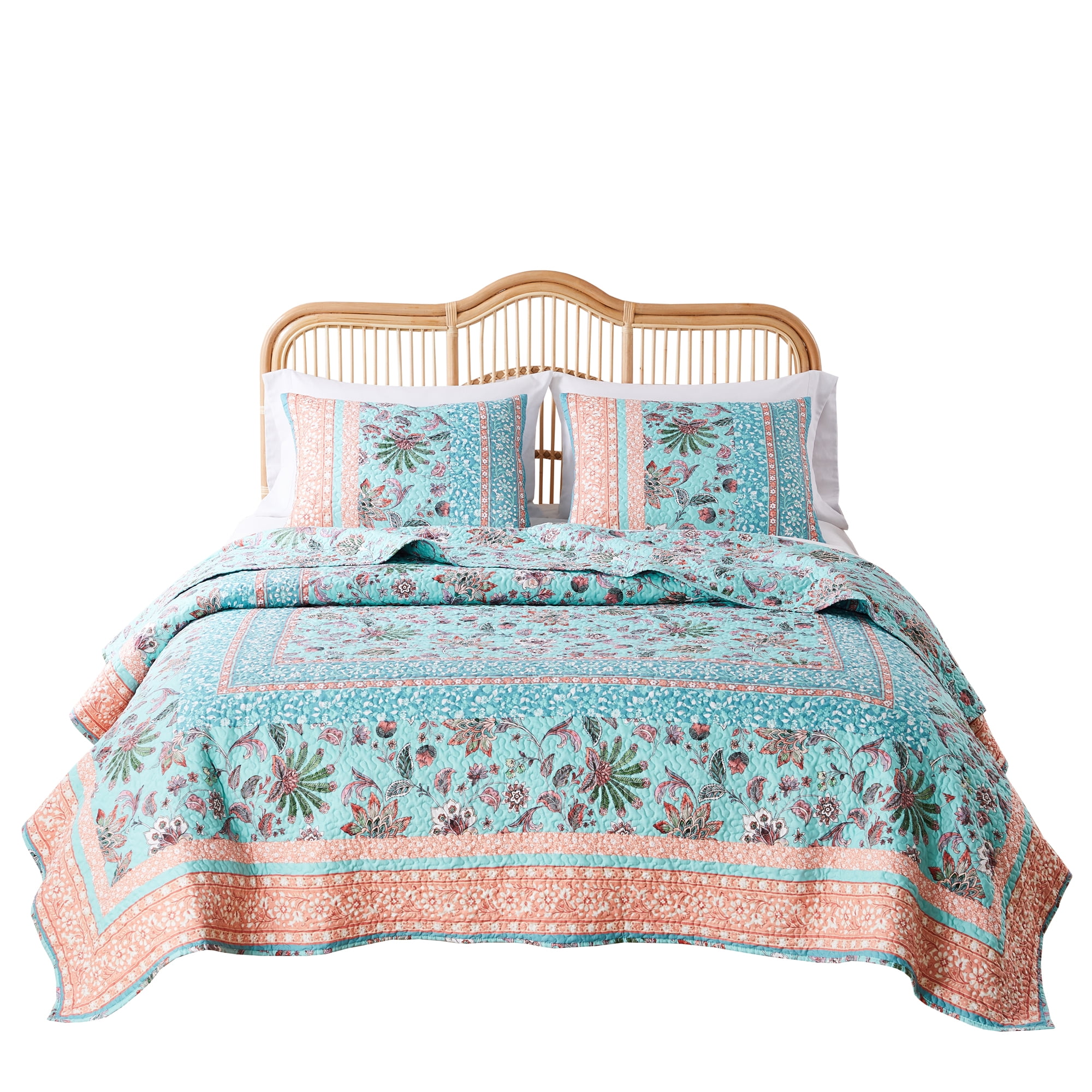 Barefoot Bungalow Audrey Vintage Floral Quilt Set, Reversibe, 3-Piece Full/Queen, Turquoise