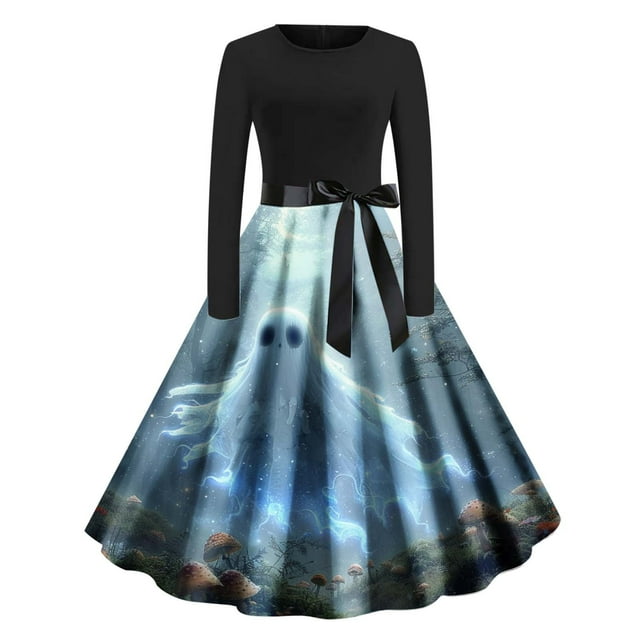 Robe de Noël pour Femmes, Manches Longues Col Rond Imprimé Robe Maxi Ample, Confortable pour Fête et Tenue Décontractée pour les Saisons de Vacances