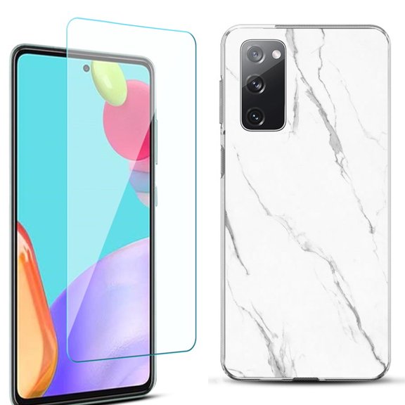 Slim-Fit Protective Phone Case for Samsung Galaxy S20 FE 5G Fan Edition, with Tempered Glass Screen Protector, by OneToughShield ® - Marble / White