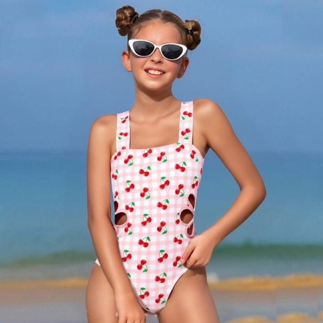 Maillot de Bain Fille Imprimé Cerise Sans Manches une Pièce Mode Maillot de Bain avec Bretelles Réglables pour Enfants Adolescentes Bébé Maillot de Bain Rose 6 Ans