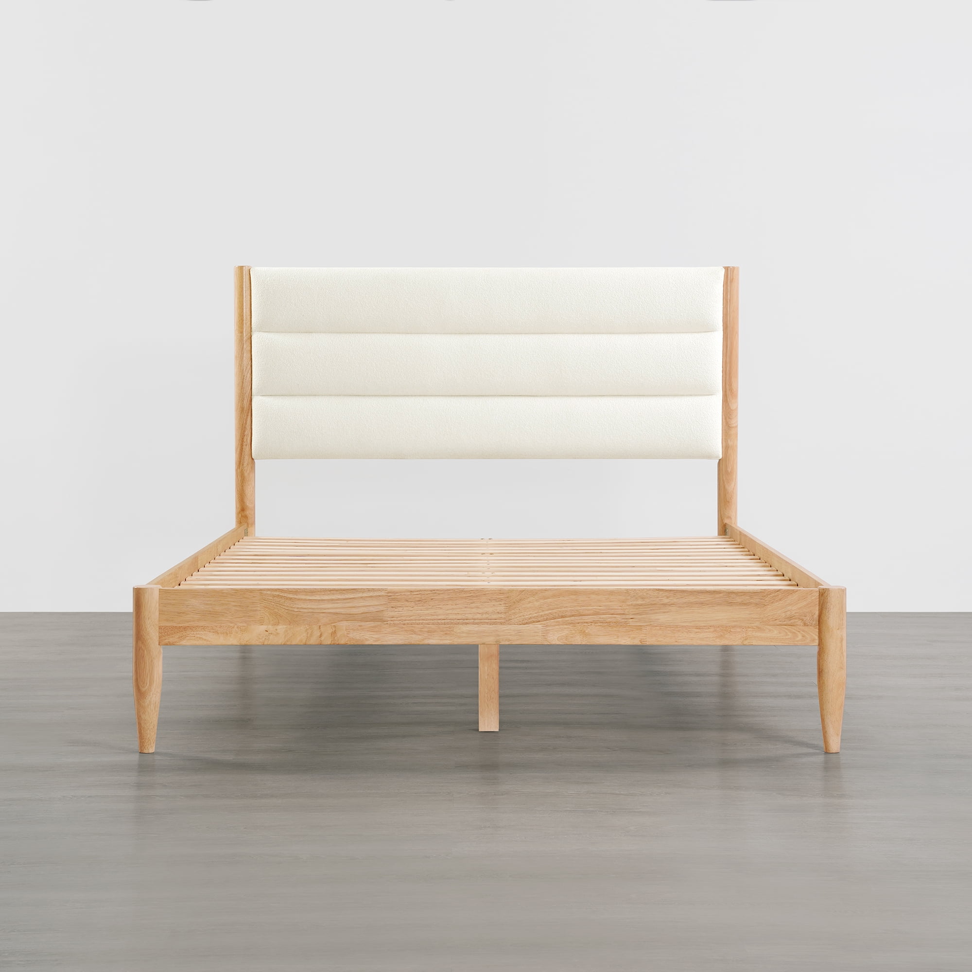 Spruce & Spring Farmhouse Upholstered Platform Bed Frame with Solid Wood Legs, Boucle Fabric Headboard, Wood Slat Support, Queen, Natural & Cream