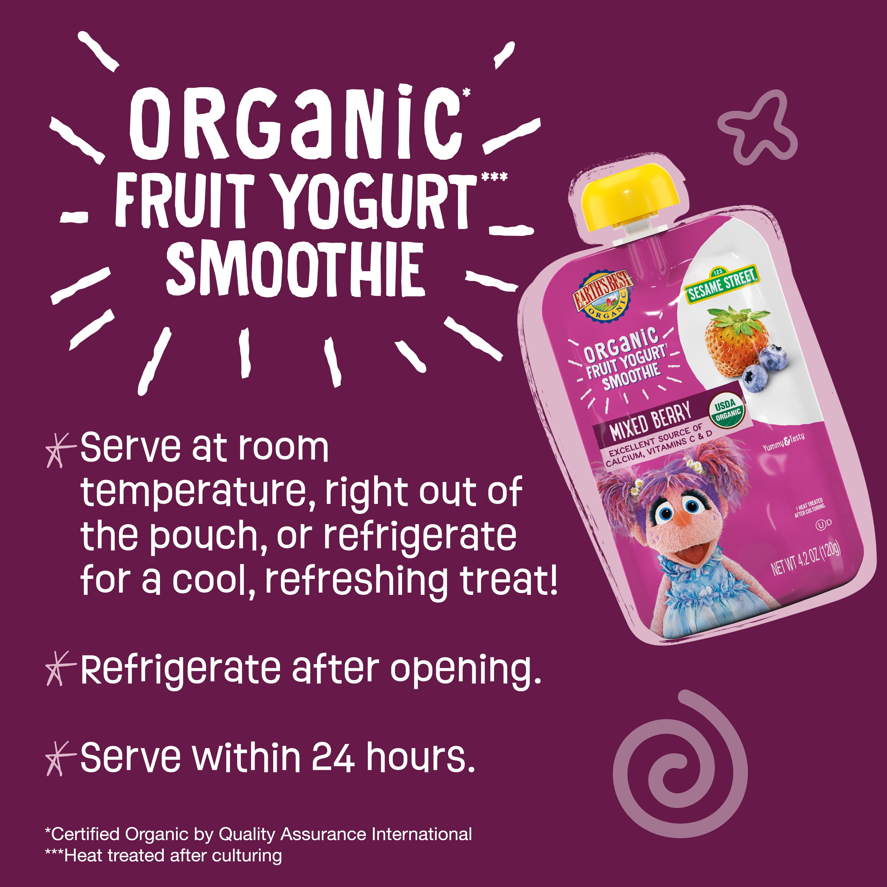 (12 pack) Earth's Best Organic Fruit Yogurt Smoothie Toddler Food, Mixed Berry, 4.2 oz Pouch