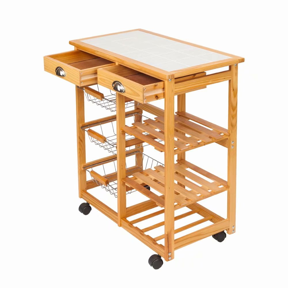 Uion Wooden Trolley Cart Island Dining Storage Drawers Baskets Stand Rolling Kitchen 