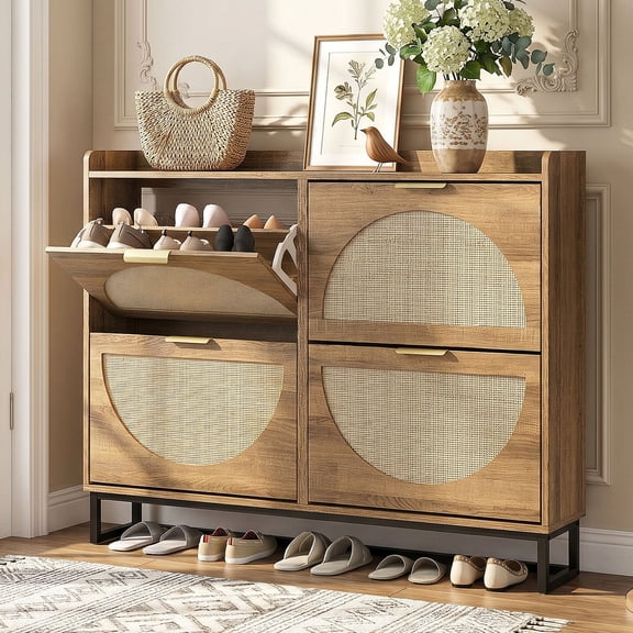 Vabches Rattan Shoe Cabinet with 4 Flip Drawers, Modern 40 Pair Shoe Storage Cabinet for Entryway with Hidden Golden Handles