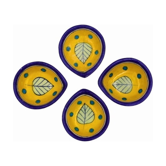Natriel Royal Blue & Light Green Leaf Blue Pottery Diyas – Set of 4 for Contemporary Décor