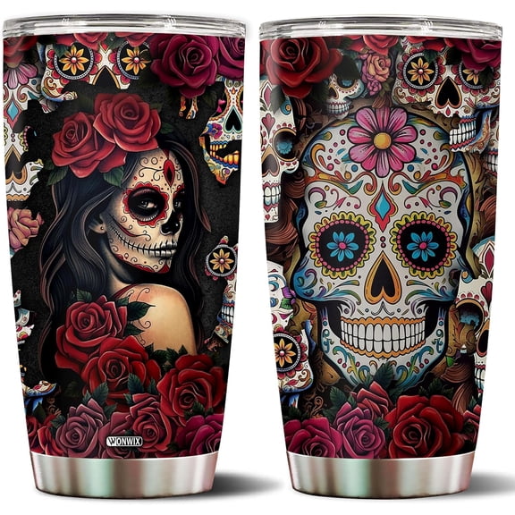 Sugar Skull Gifts for Women Insulated 20oz Stainless Steel Coffee Cup Travel Mug Water Bottle Tumbler With Lid Tattoo Girls Wife Daughter Mom