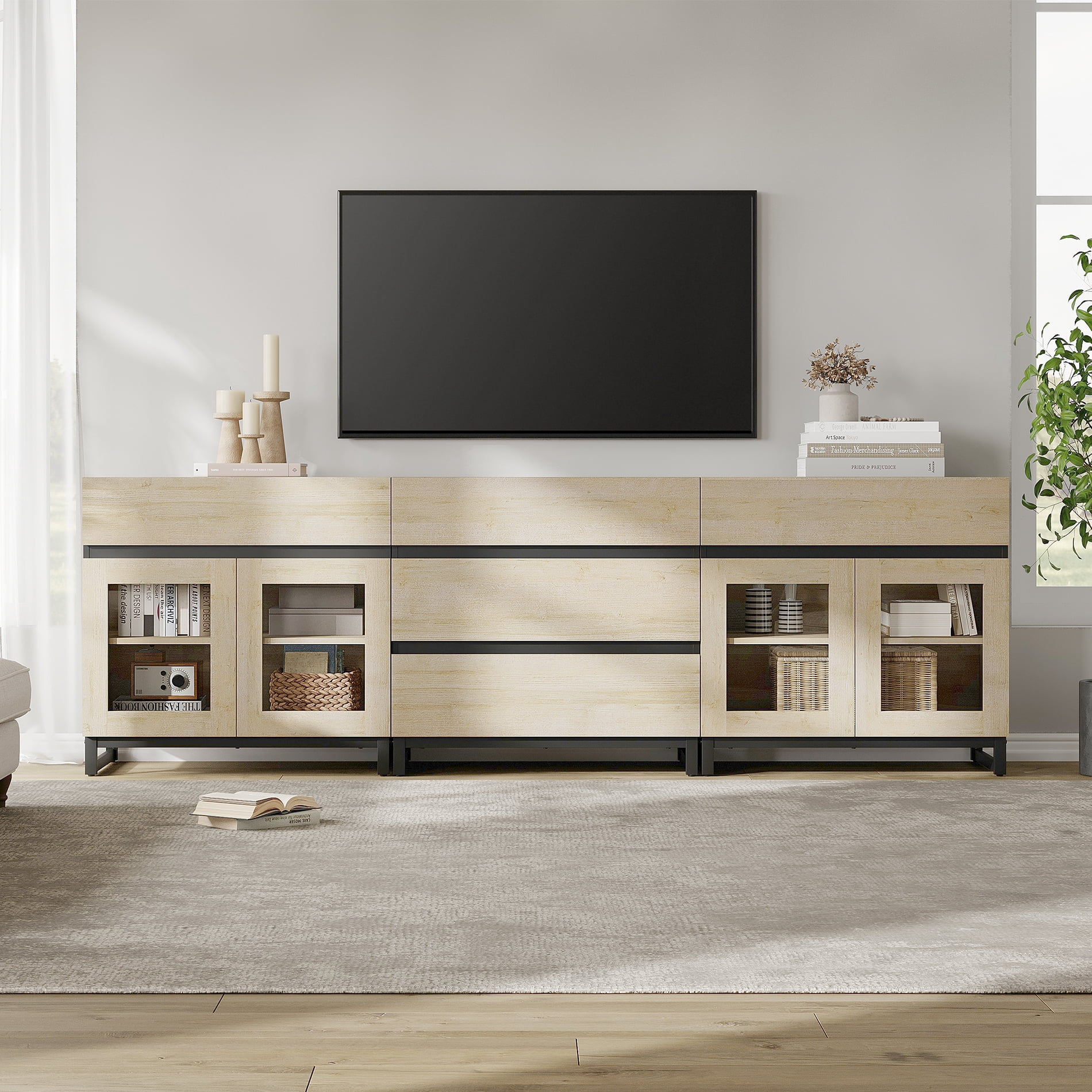 3 In 1 TV Stand For Tvs Up To 100 Inch, Modern TV Console With Glass Doors And 5 Drawers, Media Console With Adjustable Shelf For Living Room, Bedroom,Beige